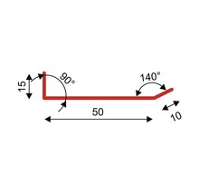 Schema över en metallprofil med måtten 15, 50 och 10 millimeter samt vinklar på 90 grader och 140 grader.