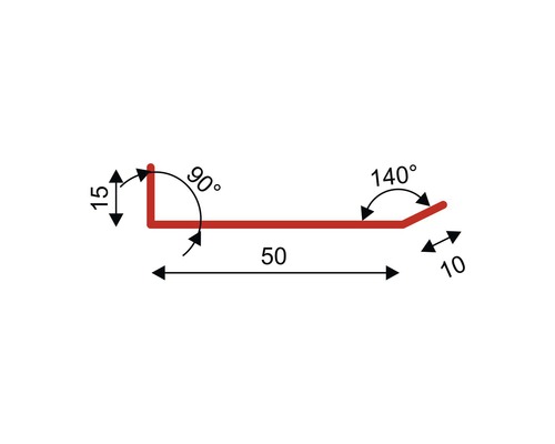 Schema över en metallprofil med måtten 15, 50 och 10 millimeter samt vinklar på 90 grader och 140 grader.