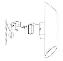 Monteringsanvisning för en vägglampa med fästmaterial och elektriska anslutningar.