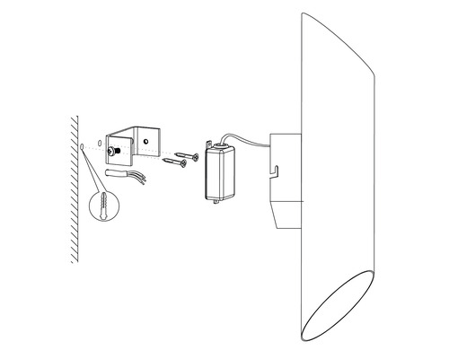 Monteringsanvisning för en vägglampa med fästmaterial och elektriska anslutningar.
