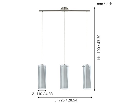 Pendellampa med tre lampor av glas och metall