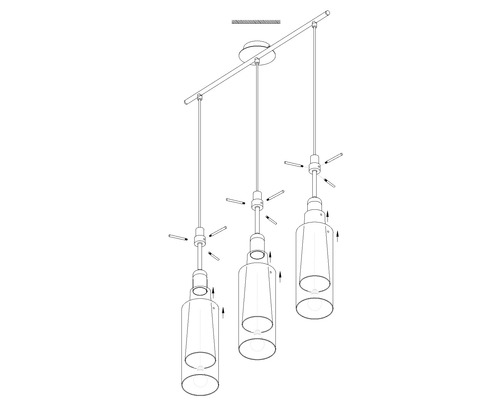 Bild av en hängande lampa med tre lampor och monteringsanvisningar.