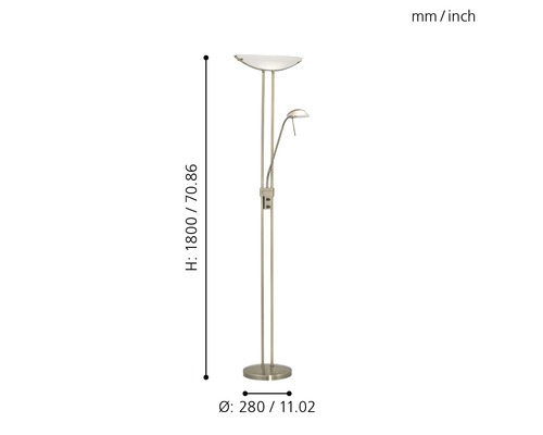 Golvlampa med läslampa och storleksinformation