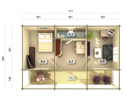 Planritning över ett trähus med sovrum, badrum, vardagsrum, matsal och terrass med mått