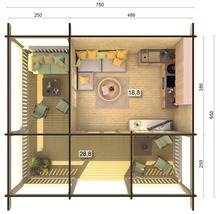 Trädgårdshus PALMAKO Agneta inkl. golv, fönster, entrétak, altan 49m² (18,8+28,8m²) 750x650cm obehandlad
