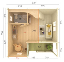 Planritning över ett trädgårdshus med vardagsrum, badrum, kök och terrass med mått