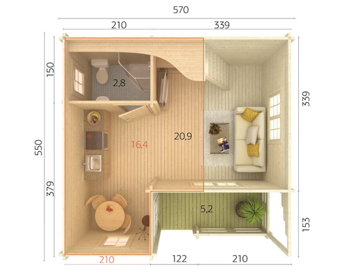 Planritning över ett trädgårdshus med vardagsrum, badrum, kök och terrass med mått