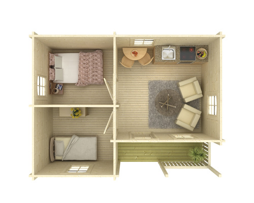 Planritning av ett trähus med sovrum, vardagsrum, kök och terrass