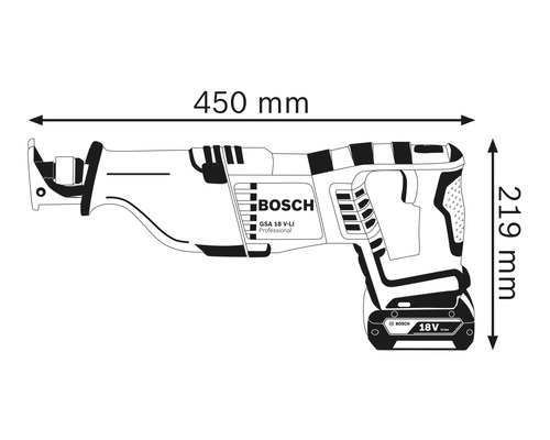 Illustration av måtten på tigersågen, 450 mm lång och 219 mm hög