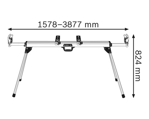 Bosch arbetsbänk med måtten 1578 till 3877 mm bred och 824 mm hög