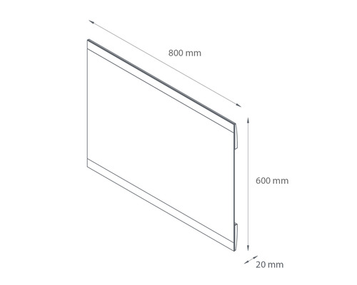 Teknisk ritning av en skiva med måtten 800 mm x 600 mm x 20 mm.