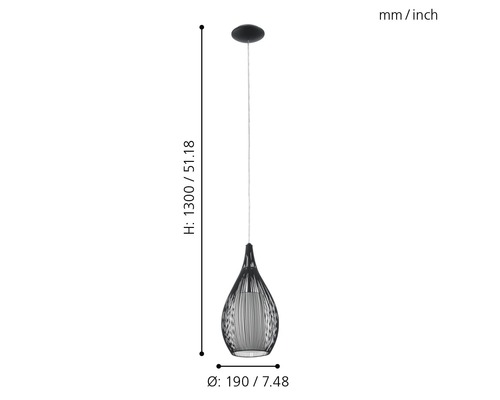 Pendellampa med måtten höjd 1300 millimeter, diameter 190 millimeter