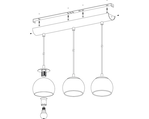 Sprängskiss av en taklampa med tre lampor och monteringsanvisningar