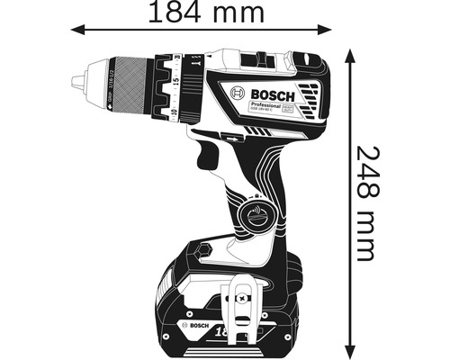 Bosch sladdlös skruvdragare med måtten 184 mm och 248 mm