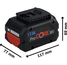 Bosch ProCore 18V 8.0 Ah batteri med måtten 77 mm x 117 mm x 69 mm
