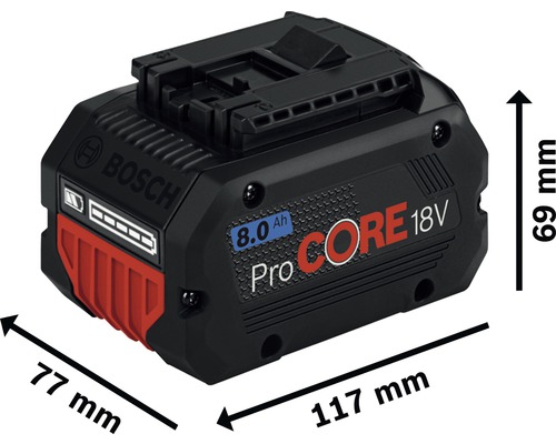 Bosch ProCore 18V 8.0 Ah batteri med måtten 77 mm x 117 mm x 69 mm