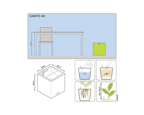 Diagram över mått och volymer för Canto 40 planteringskärl