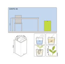 Diagram över Canto 40 blomkruka med måttangivelser och illustrationer av bevattningssystemet