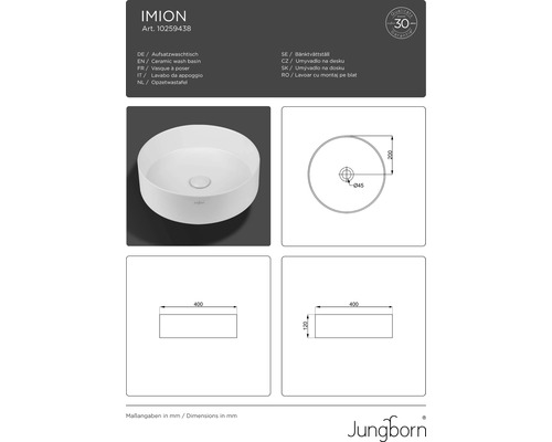 Bänktvättställ i keramik med måttangivelser