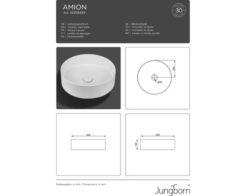 Keramisk bänktvättställ med måttangivelser