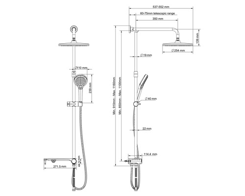 Teknisk ritning av ett duschsystem med dimensioner