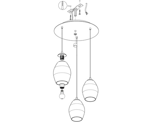 Sprängskiss av en taklampa med tre lampor för takmontering
