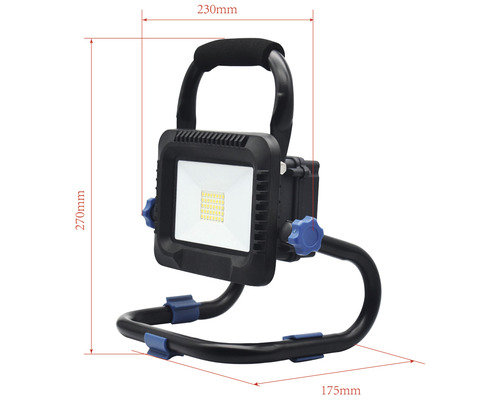LED-strålkastare med handtag och stativ, mått 270 x 230 x 175 millimeter