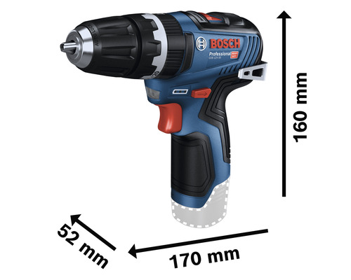 Bild på en batteridriven skruvdragare med måttangivelser.