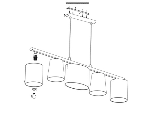 Teknisk ritning av en hänglampa med fem lampor