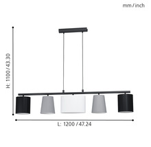 Pendellampa med fem lampskärmar och måttangivelser