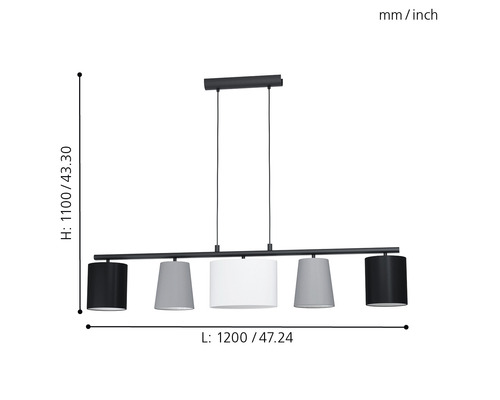 Pendellampa med fem lampskärmar och måttangivelser