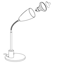 Bordslampa med lampskärm, flexibel hals och rund fot.