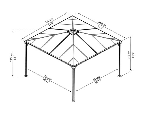 Mått på en paviljong: 295 cm hög, 334 cm bred, 360 cm lång.
