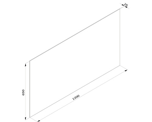 Teknisk ritning av en platta med måtten 1200 x 650 x 25 mm
