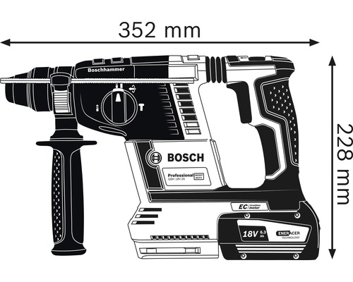 Bosch borrhammare med mått: 352 mm längd och 228 mm höjd