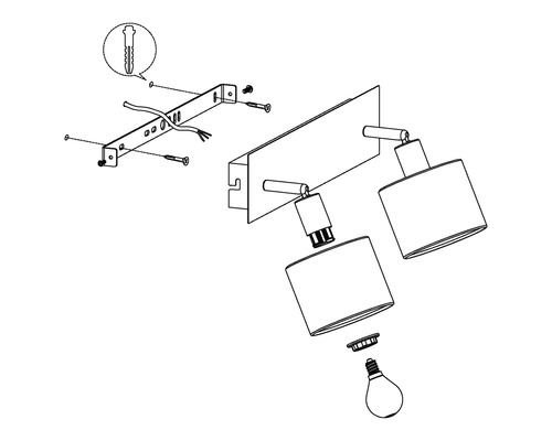 Sprängskiss av en vägglampa med två lampor, inklusive fästmaterial