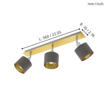 Taklampa med tre spotlights och måttangivelser