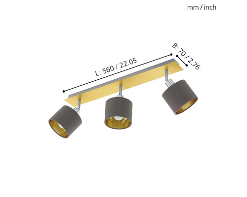Taklampa med tre spotlights och måttangivelser