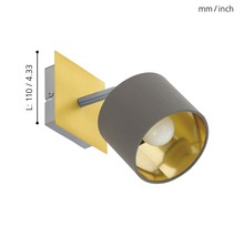 Vägglampa med grå lampskärm och guldfärgad insida