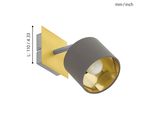 Vägglampa med grå lampskärm och guldfärgad insida