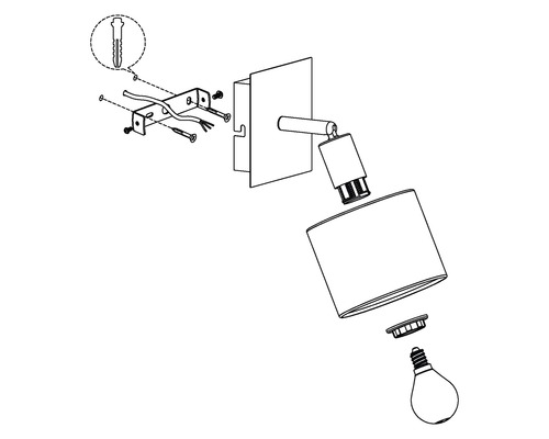 Sprängskiss av en vägglampa med monteringsanvisning