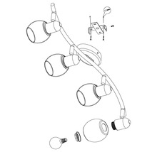 Ritning av en taklampa med fyra spotlights och monteringsmaterial