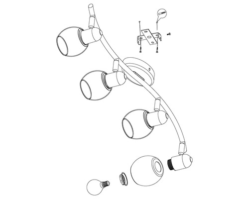 Ritning av en taklampa med fyra spotlights och monteringsmaterial