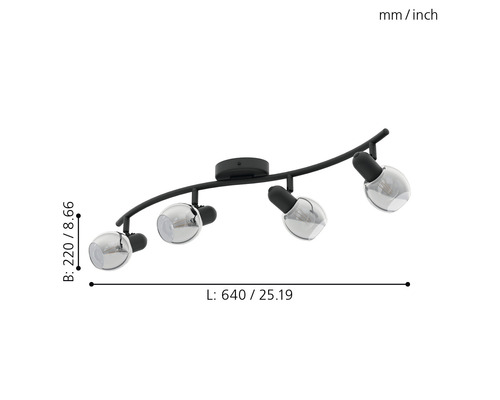 Taklampa med fyra spotlights och dimensioner