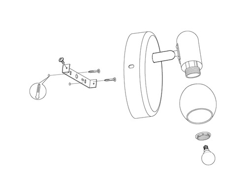 Sprängskiss av en vägglampa med monteringstillbehör