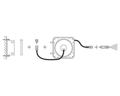 Sprängskiss av en trädgårdsslangbox med väggfäste och spruthuvud