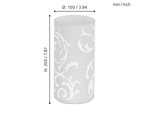 Cylindrisk lampa med mönster och storleksangivelse.