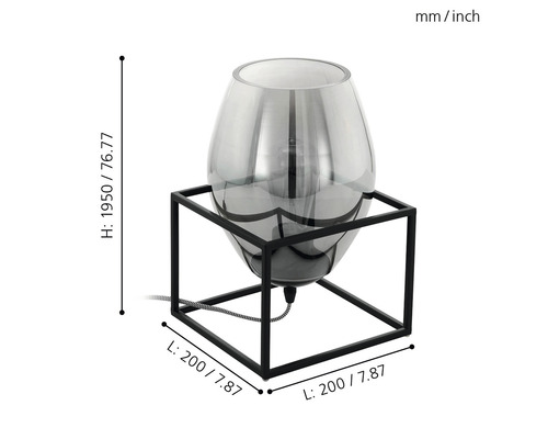 Dekorativ bordslampa med glasskärm och metallfot, höjd 1950 millimeter