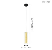Teknisk ritning av en pendellampa med måtten höjd 1100 millimeter och diameter 110 millimeter.
