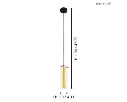 Teknisk ritning av en pendellampa med måtten höjd 1100 millimeter och diameter 110 millimeter.